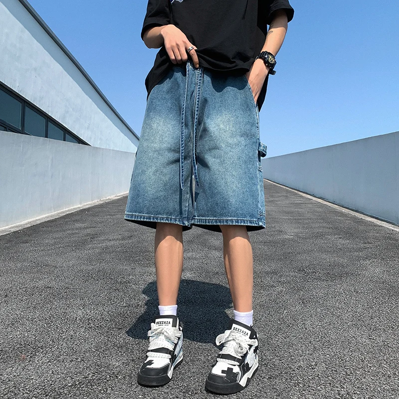 Shorts jeans largos azuis estilo coreano para homens, roupa de trabalho de perna larga, bolso grande, roupa de rua, nova, verão, 2023