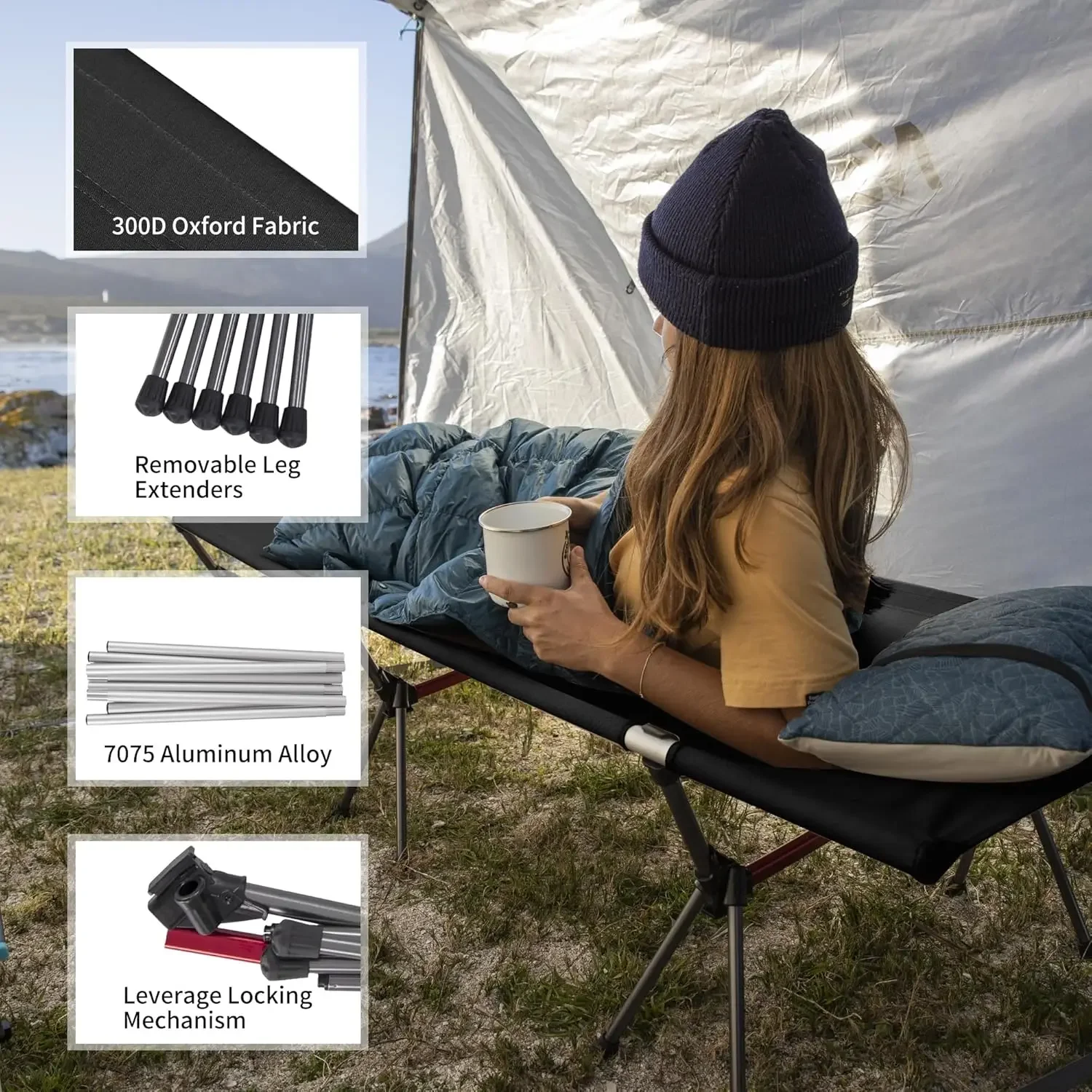 Folding Camping Cot, Height Adjustable Ultralight Backpacking Cot, Portable Camping Bed for Camping Hiking T