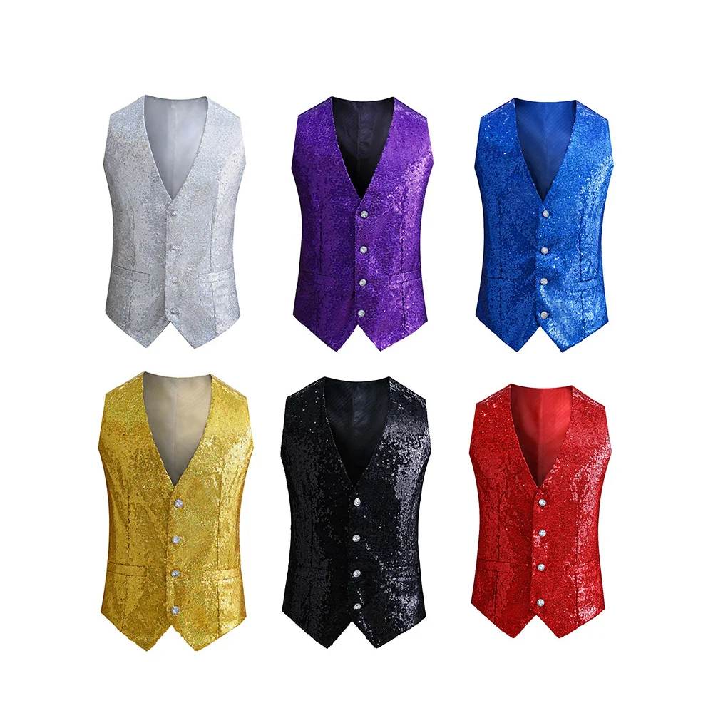 

Mens Sequin Vest Christmas Party Vest Formal V-neck Shiny Waistcoat for Wedding Events Party