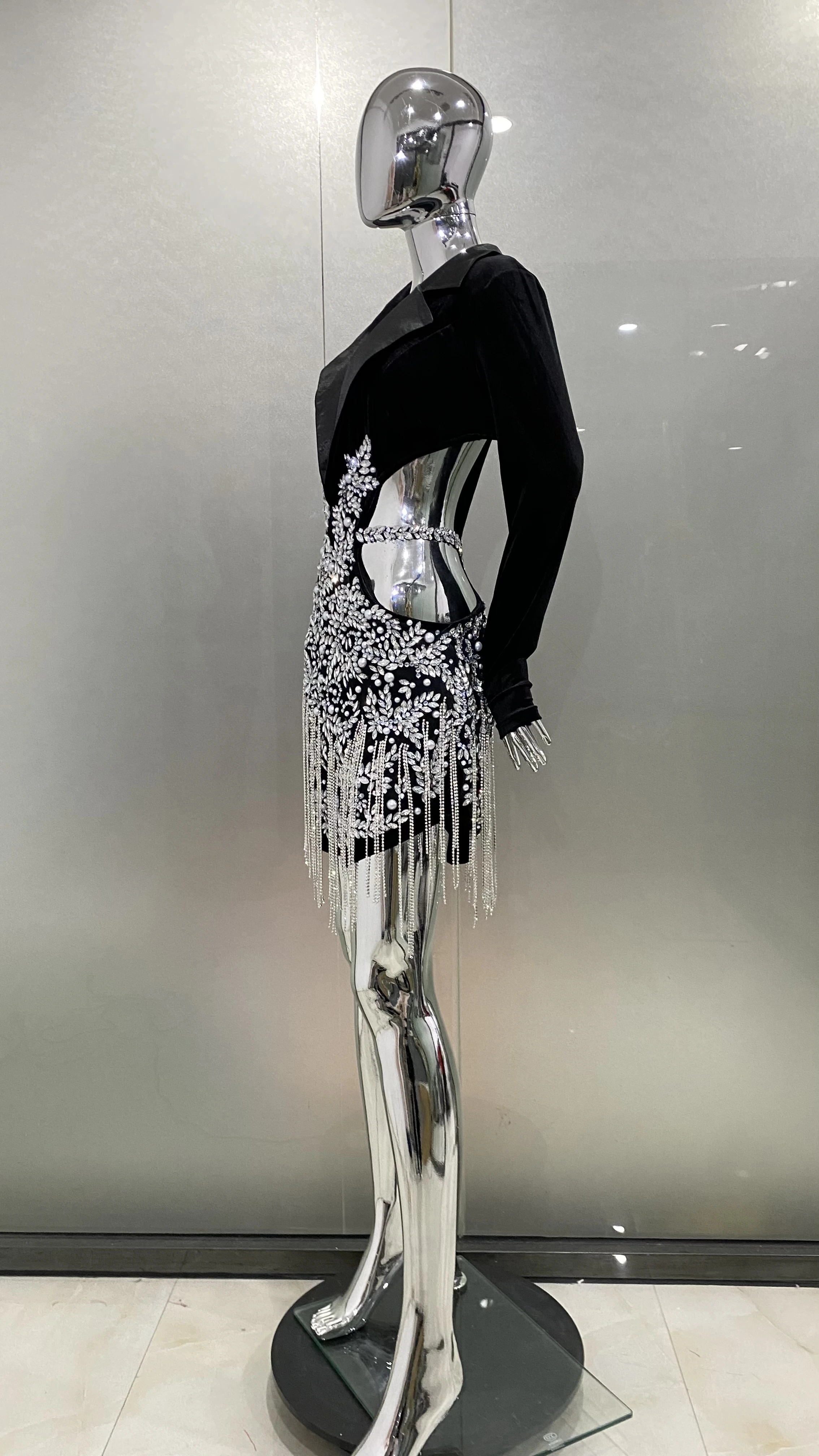 New Customized Hollow Out High Tassels Elastic Sequins Rhinestone Sexy Tight Dress Birthday Party Dress Performance Longuette