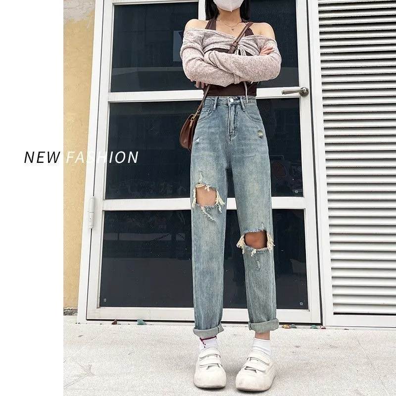 

Spring and summer new distressed Harlan jeans women's thin high waisted slim cropped pants