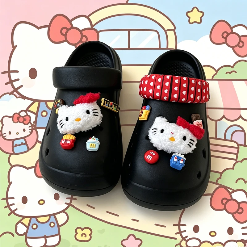 

Hello Kittys Sanrios Slippers Thick Bottom Hole Shoes Girl Wearing Outside Summer Sandals Increase Height Anti-Slip Slippers