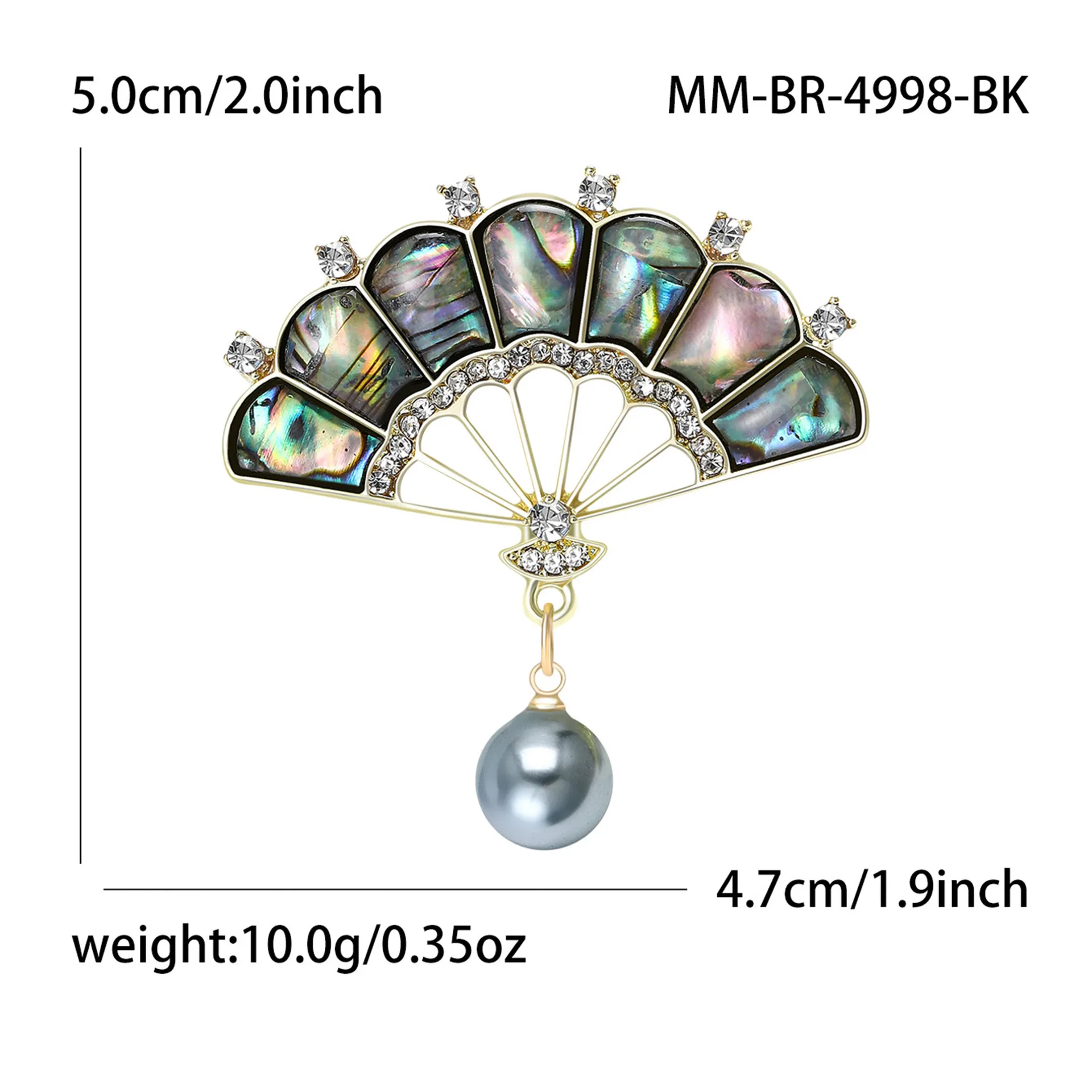 Fan-shaped Brooch Classic Rhinestone Shell Elegant Pin Style Badge Decoration Craft Gift for Men and Women 1PC