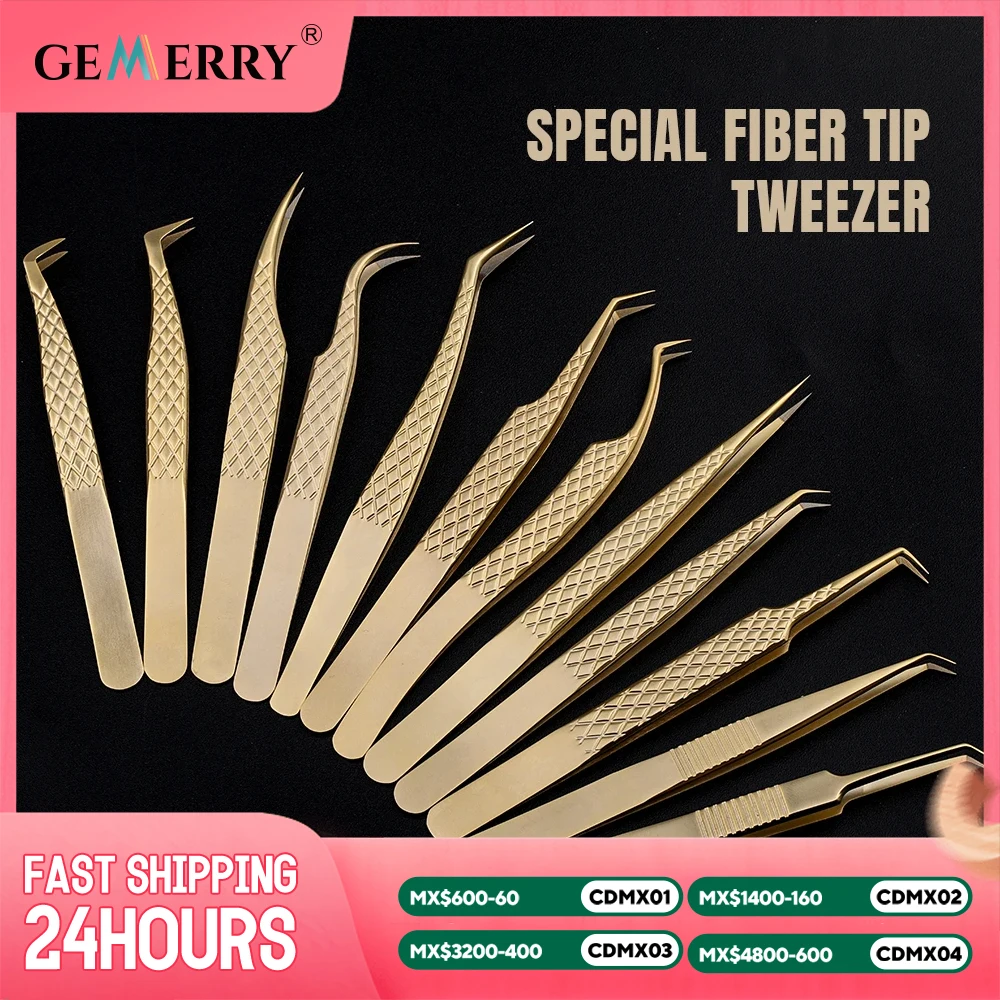 1 Pcs Eyelash Extension Tweezers With Fiber Tips Golden Stainless Steel High Precision Tweezer for Volume Fans Makeup Tools