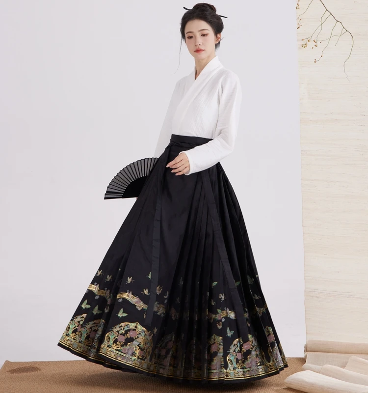 

Оригинальная юбка в стиле династии Мин с белым перьевым кружевом шантильи, имитация кружева, для весенне-осеннего повседневного образа