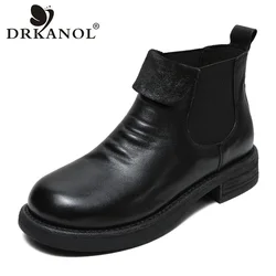 DRKANOL Women Chelsea Boots Luxury Design Genuine Leather Thick Heel Retro Style Elastic Band Slip On Pleated Casual Ankle Boots