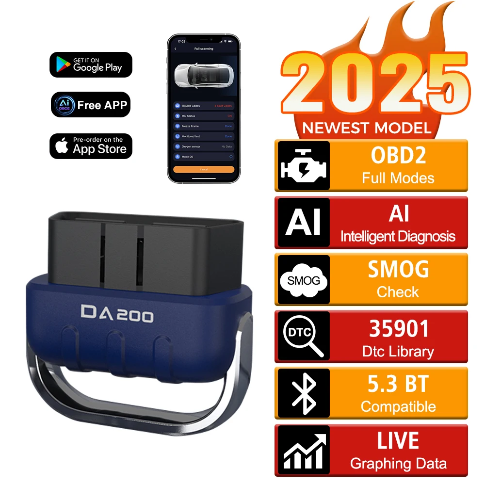 

Стирание кода неисправности AI OBD 2, сканер, считыватель кодов, Bluetooth-совместимый автомобильный аккумулятор, датчик O2, тестер DA200, автомобильные диагностические инструменты