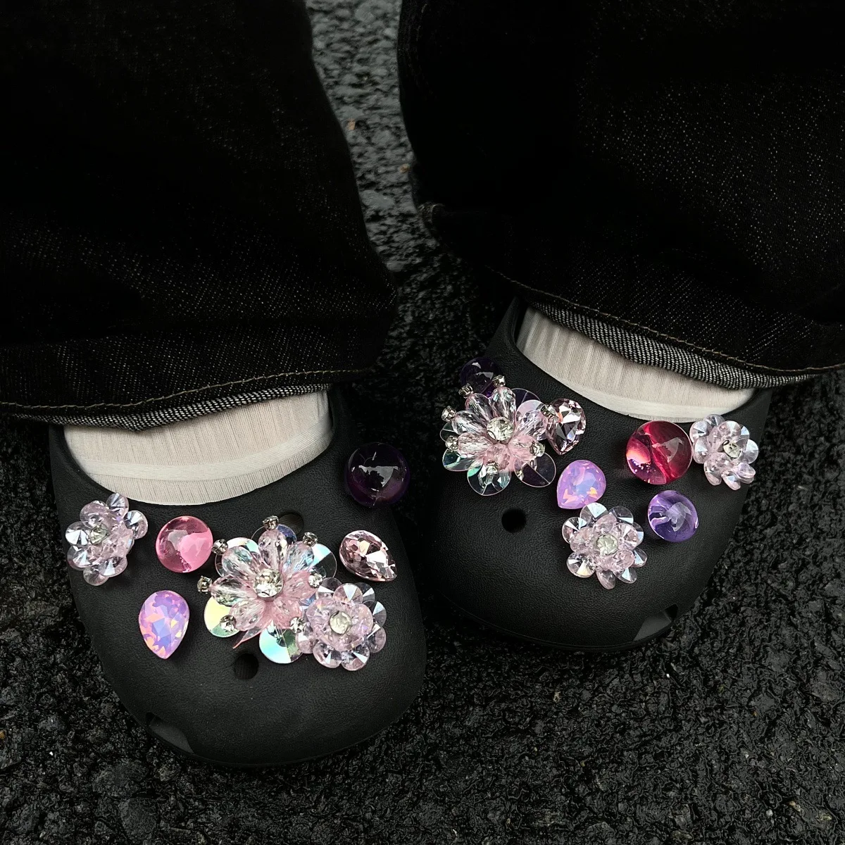 Premium DIY Glitter Crystal Flower Shoe Charms for Clogs Removable Shoe Buckle Pink Purple Decor Sparkly Accessories