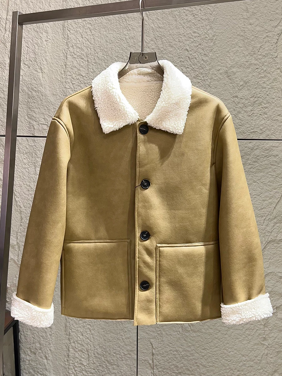 

Men's Faux Lamb Velvet PU Leather Jacket Warm Retro Collar Embellished Standard Fit Long Sleeve Coat for Autumn And Winter