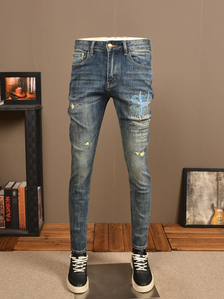 

Retro Tattered Jeans Jeans Men's Affordable Luxury Fashion Stretch Slim Fit Feet High-End Printed Washed Casual Men's Trousers