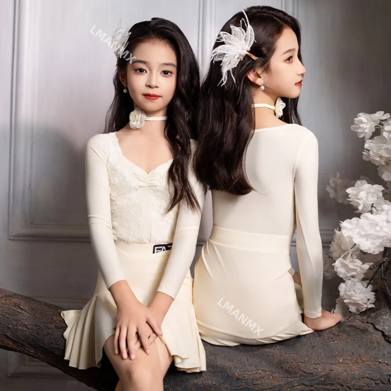 Vestido de prática de dança latina infantil, outono e inverno, para meninas, prática profissional, vestido de performance dividido