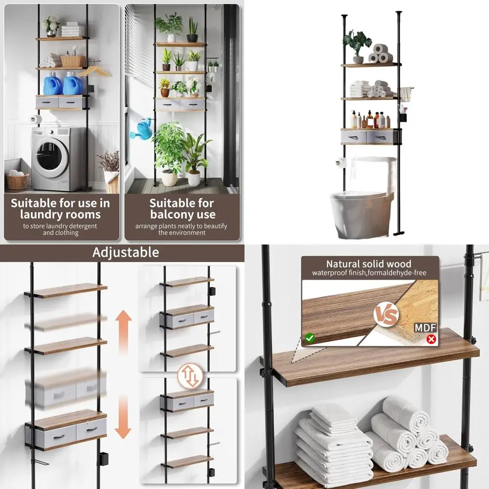 

4-уровневый регулируемый деревянный шкаф для хранения над унитазом с выдвижными ящиками, органайзер для ванной комнаты высотой 25-114,2 дюйма