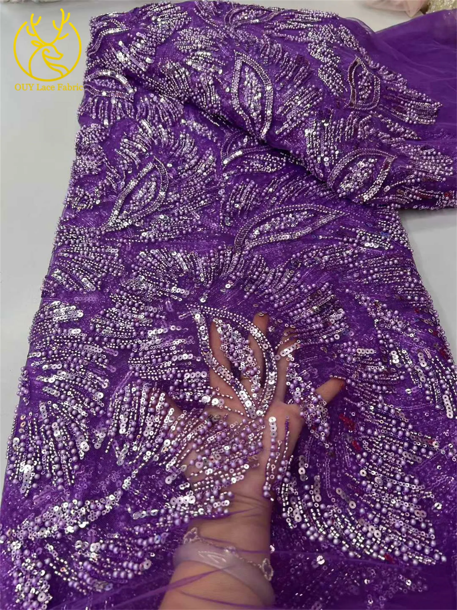 Arancione Europeo Nuovo Design In Rilievo Maglia Tessuto di Pizzo Africano Francese Paillettes Tulle Tessuto di Pizzo Abiti da Sposa Cucito da Donna