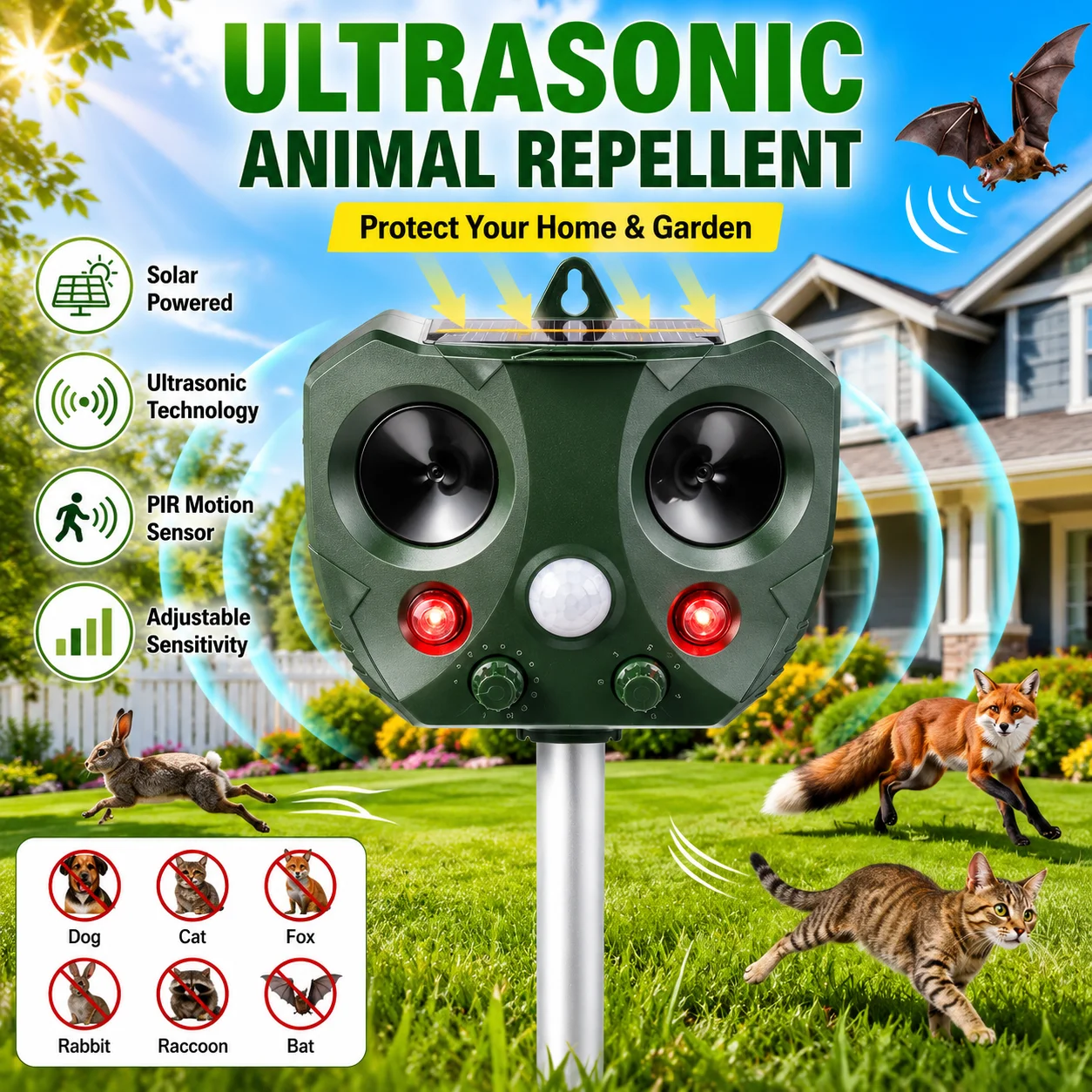 ソーラー式超音波動物撃退器、点滅ledライト付き、防水屋外用猫、犬、リス撃退装置、庭を守る