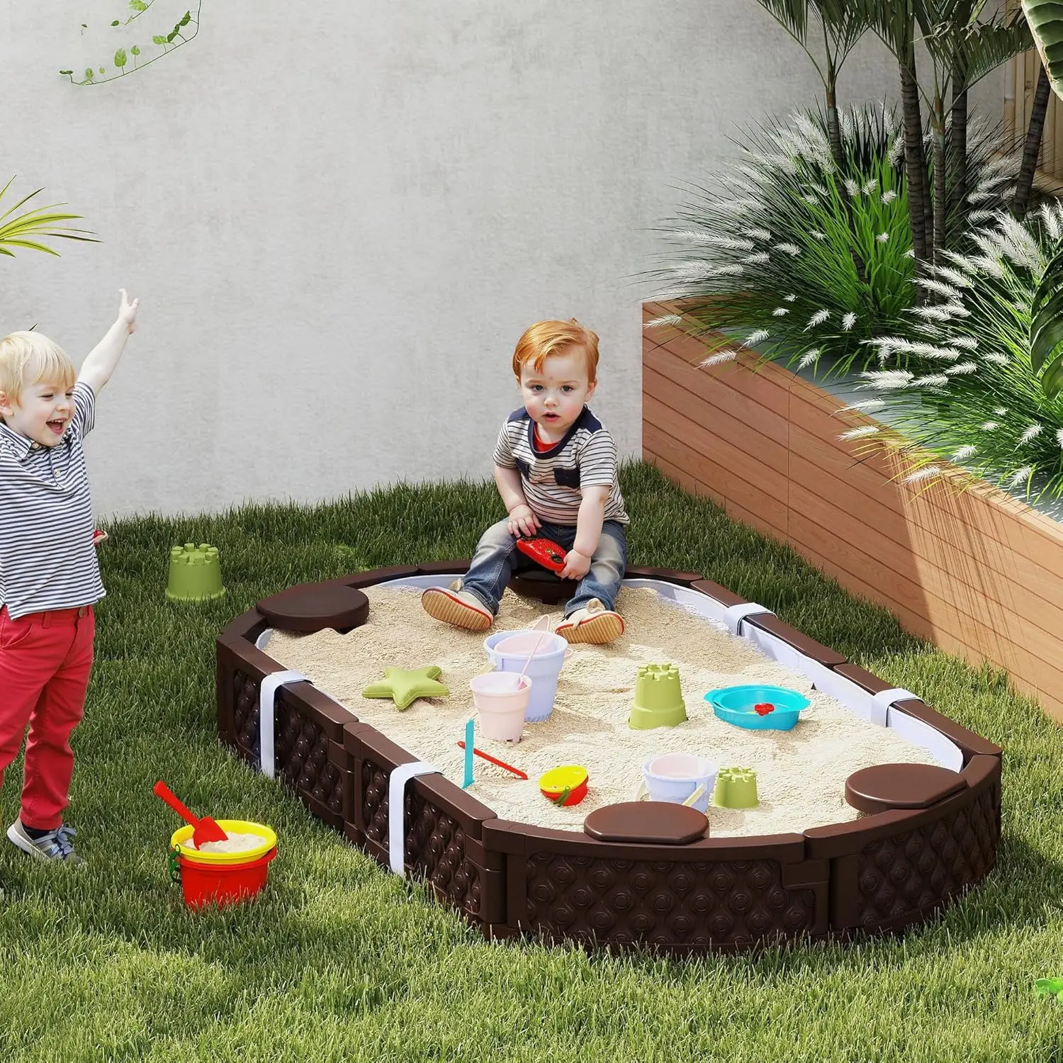 Kids Sandbox with Cover, Oval 71" Large Sand Pit with 4 Seats, Waterproof Bottom Liner, Weather Resistant Outdoor Sand Box