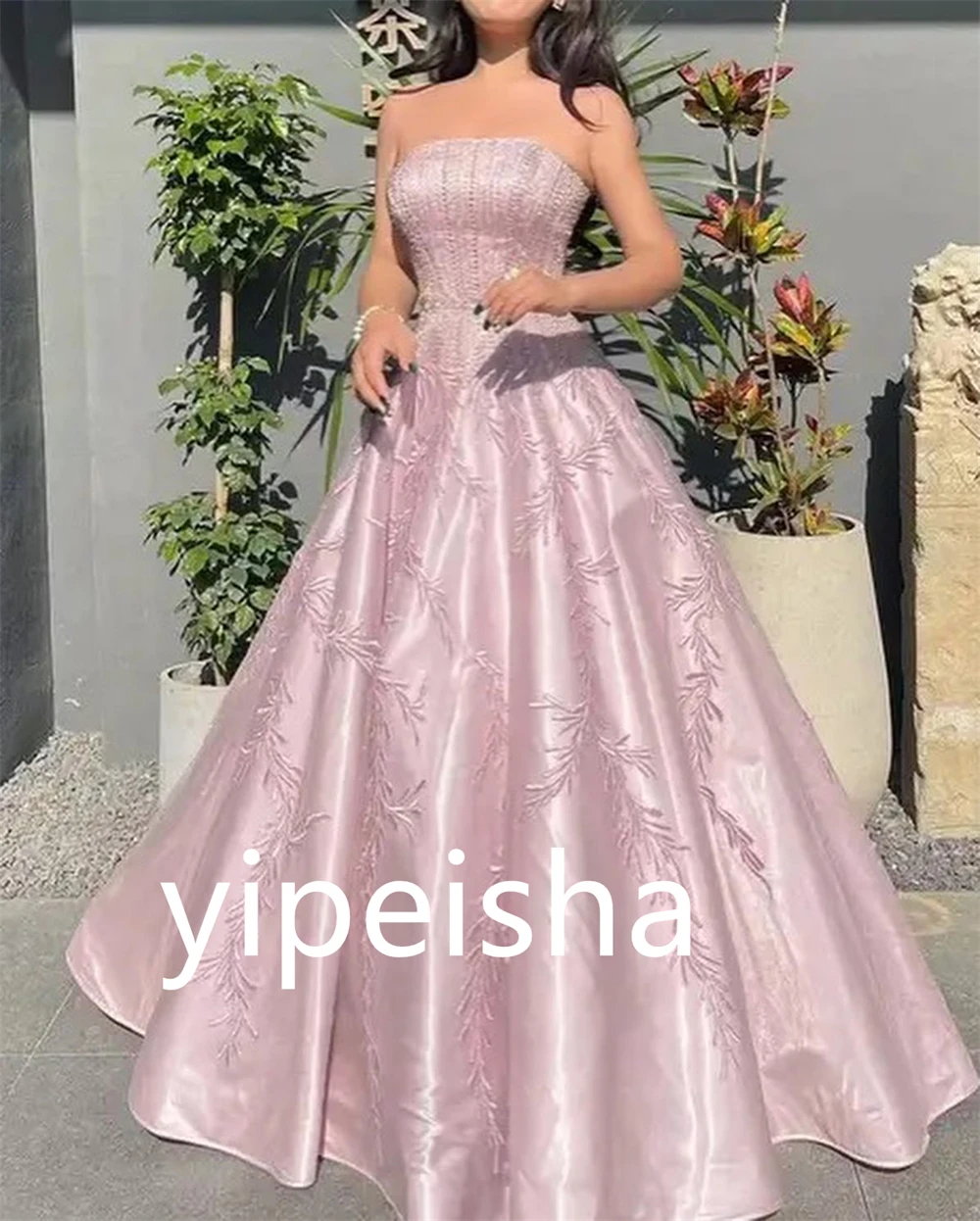 Customized Sparkle Women Strapless Ball Gown Party Dress Beading Embroidery Floor Length Satin Evening  Casual