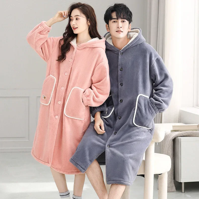 Couple Sleepwear Fall Winter Women\'s Coral Velvet Thick Velvet Hooded Nightgown Large Size Flannel Home Wear Both Men Women