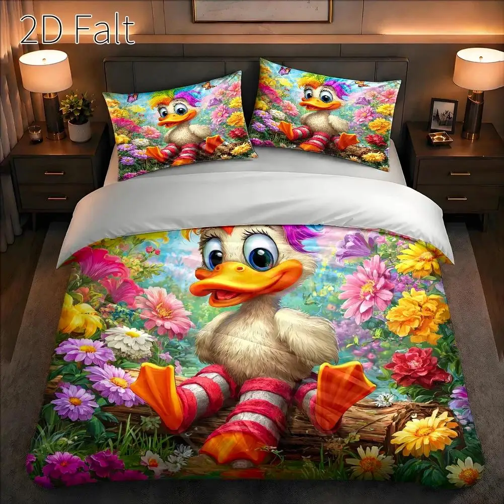 3-Piece Quilt Cover Set, 1 Quilt Cover + 2 Pillowcases (Without Filling), Cartoon Little Duck, Surreal Style, Spring, Home Decor, Large Quilt Cover Set, Suitable for All Seasons, Machine Washable, Invisible Zipper, Suitable for Home, Dormitory, Master Bedroom, Guest Room