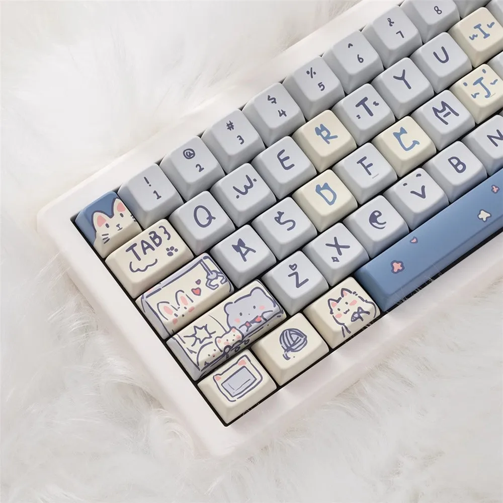 Imagem -05 - Blue Meow Meow Tema Keycaps Pbt Sublimação de Calor Gato Bonito mx Switch Fit 61 64 68 87 96 104 108 Teclado ru