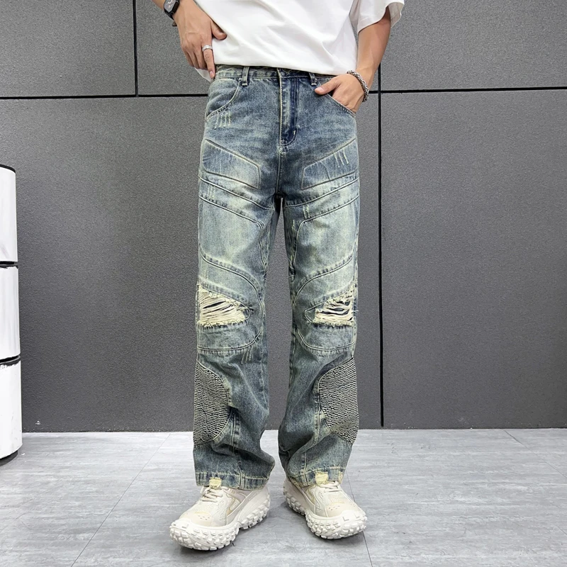 

Personalized fashion 3D printing pattern Street beat high-end retro hole men's jeans openwork zipper casual pants wide-legged