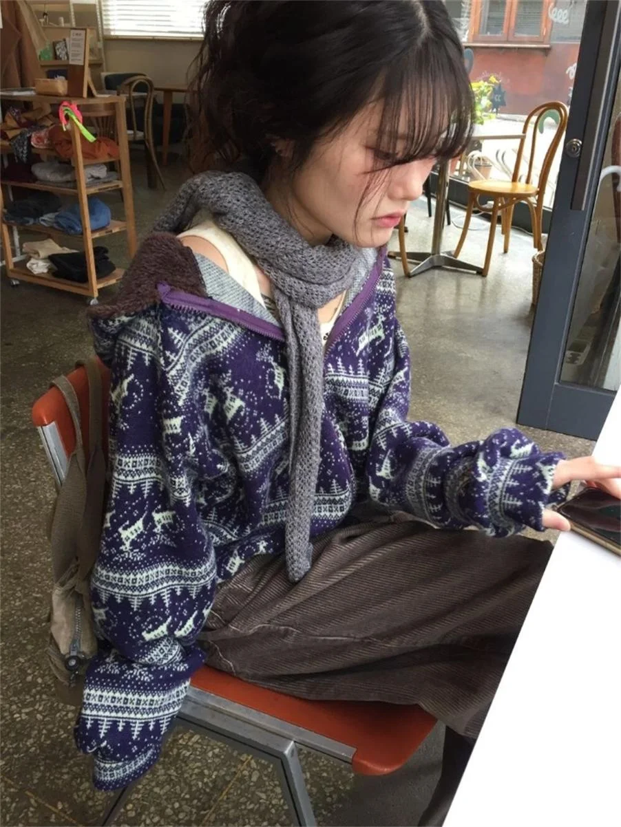 

Retro Deer Patterned Hooded Zipper Jaet Unique SEI Autumn Winter Warm Casual Loose Versatile Personalized Long Sve Coat