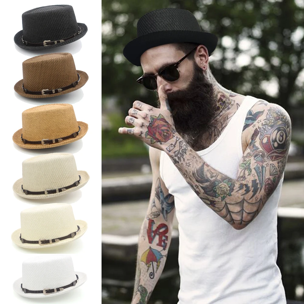 Men Women Straw Pork Pie Hats Summer Sunhat Boater Caps Sailor Sombrero Beach Fedora Trilby Outdoor Travel US Size 7 1/4 UK L