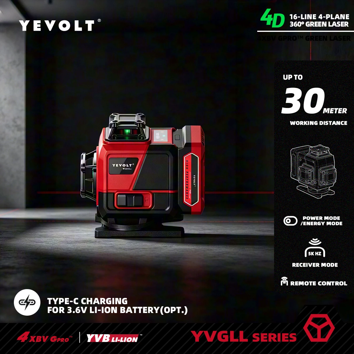YEVOLT Outil laser croisé 4D vert 16 lignes à auto-nivellement pour le bricolage domestique, la pose de cadres de porte, la pose de revêtements de sol, la décoration murale et les travaux de mise en place