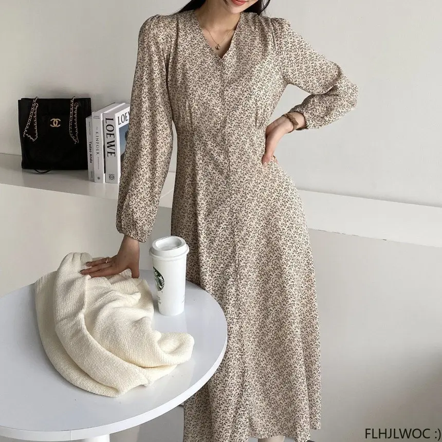 2023ขายร้อนผู้หญิง Vestidos แฟชั่นสำหรับผู้หญิงเกาหลีเก๋สไตล์ญี่ปุ่น V คอเดี่ยวปุ่ม Elegant Dress KAOS Panjang