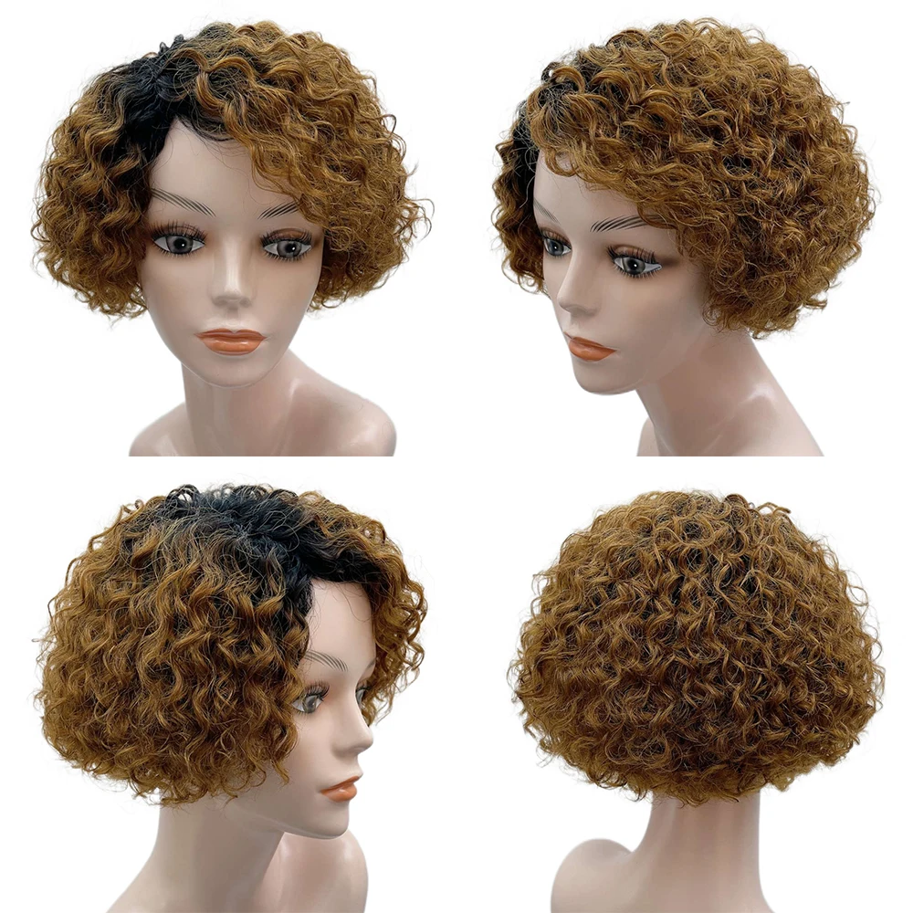 Wear Go Glueles Curly Wigs Short Pixie Cut Human Hair For Women Natural Black Remy Hair 150% Density Cheap Side Part Human Wigs