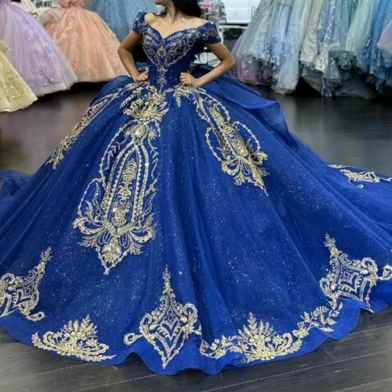 Customized Mexican Blue Sweet 15 16 Girl Quinceanera Dresses Off Shoulder Lace Applique Puffy Women Prom Birthday Party Occasion