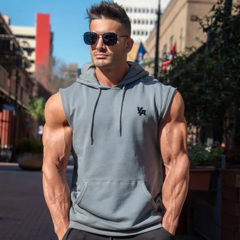 Muscleguys Gym Clothing Mens Bodybuilding Hooded Tank Top Cotton Sleeveless Vest Sweatshirt Fitness Workout Sportswear Tops Male