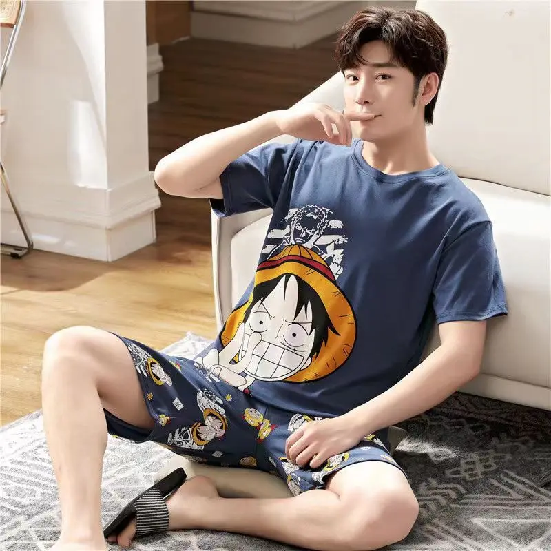 Summer Shorts Pajamas Set for Men Cartoon Anime Nightwear Hat Print Pyjama Casual Home Clothes Japan Style Lougewear Tops