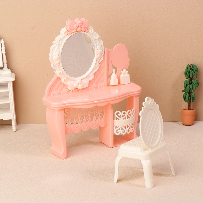 Tocador de simulación en miniatura para casa de muñecas, juego de mesa y sillas de maquillaje, muebles, modelo de decoración para el hogar, accesorios para casa de muñecas, 1:12