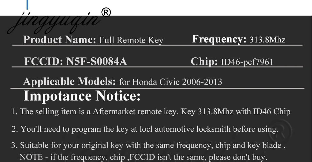 Jingyuqin 1/5 Stück N5F-S0084A 313,8 MHz Fernbedienungsschlüssel für Honda Civic 2006-2013, Stream, ODYSSEY, Acura RDX, MDX 2007-2013, ID46-Chip. – Detail 5