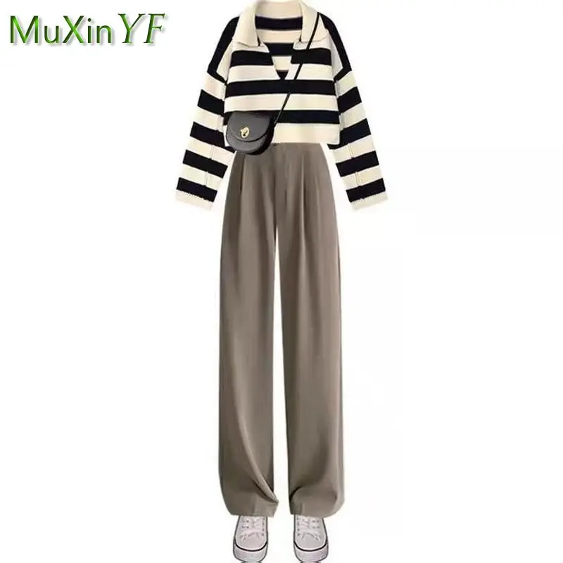 Women\'s Spring Autumn Sportswear Set 2023 New Fashion V-neck Striped Knit Shirt+Wide Leg Pants Two Piece Korean Chic Tracksuit