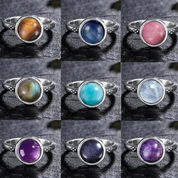 S925 Sterling Silver Vintage Ring Oval 8MM Natural Labradorite Moonstone Turquoise Stone Ring for Women Gift Luxury Jewelry