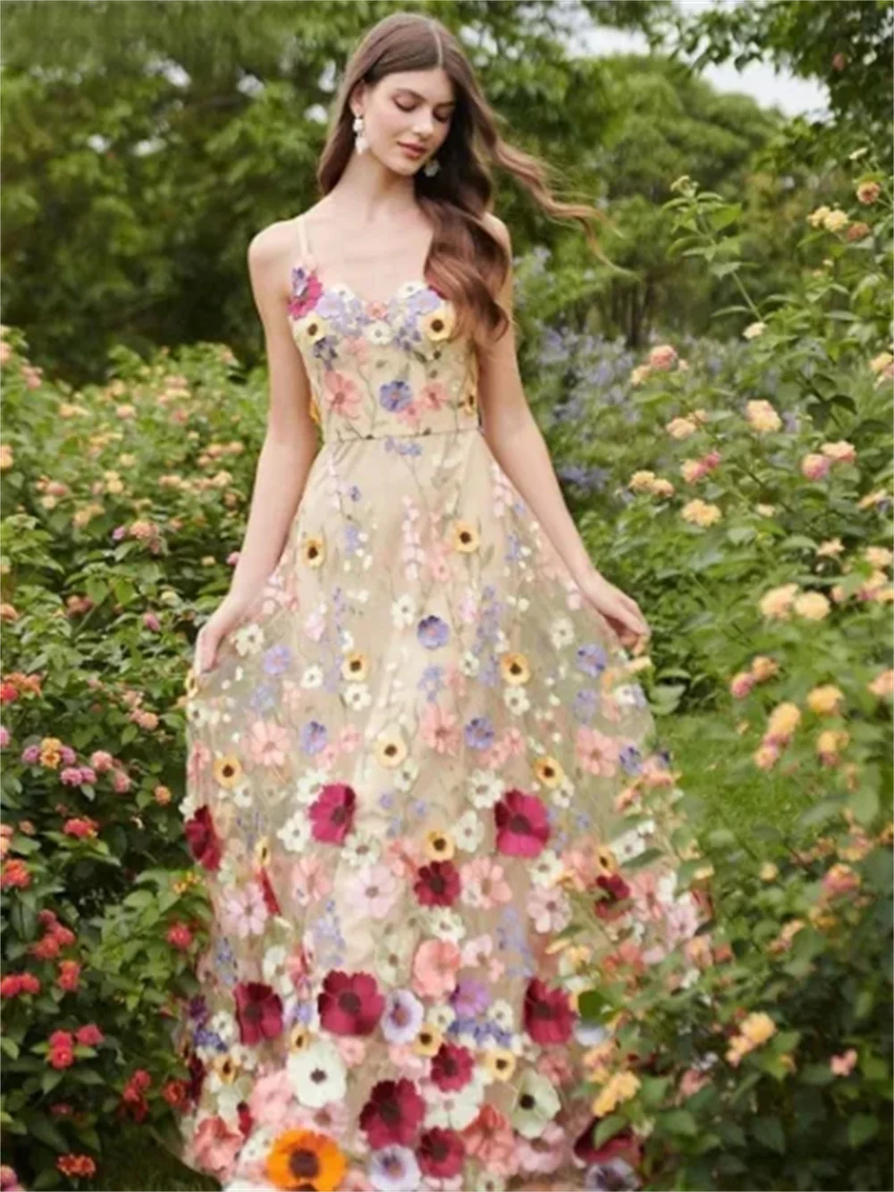 Amanda Colorful 3D Flowers Lace Sleeveless Boho Wedding Dresses A-Line V-Neck Spaghetti Straps Country Bridal Gowns