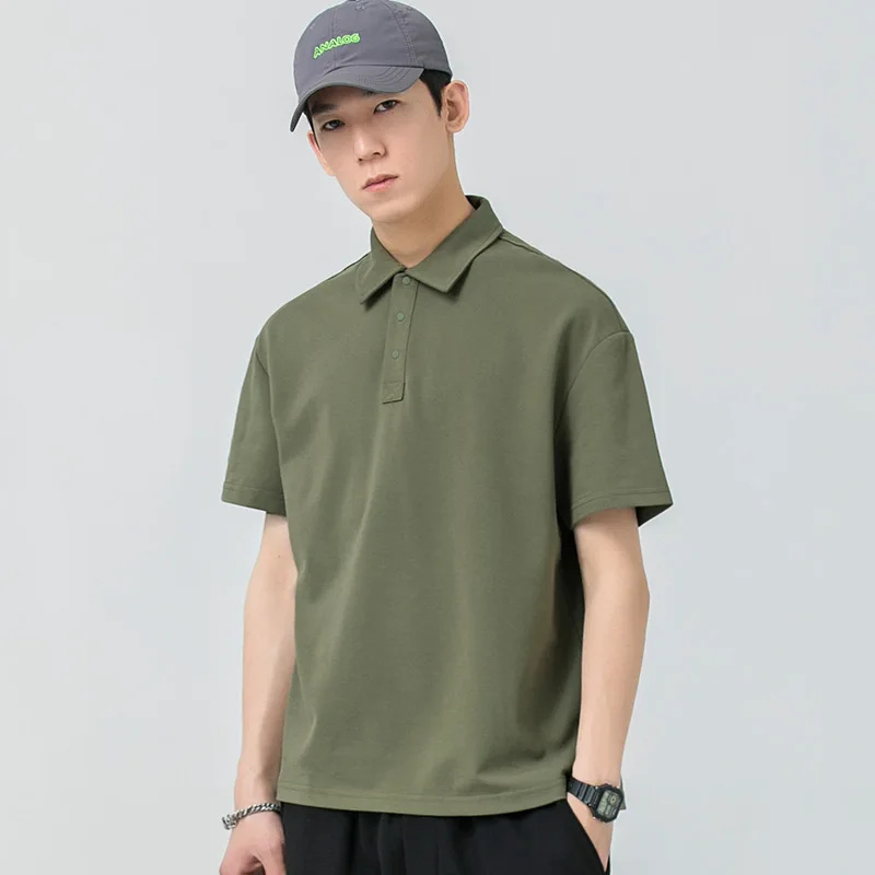 205G Men's Polo Shirt Summer Fashion Short Sleeve Solid Color Basic Tee Tops Teens Japan Style Casual Trendy Ball Grain Pullover