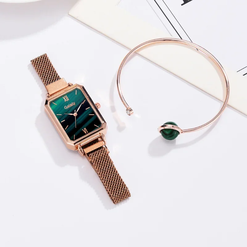 2pcs Set Women Watches Bracelet Set Square Ladies Quartz Watch Bracelet Simple Rose Gold Mesh Luxury Women Wristwatches Reloj