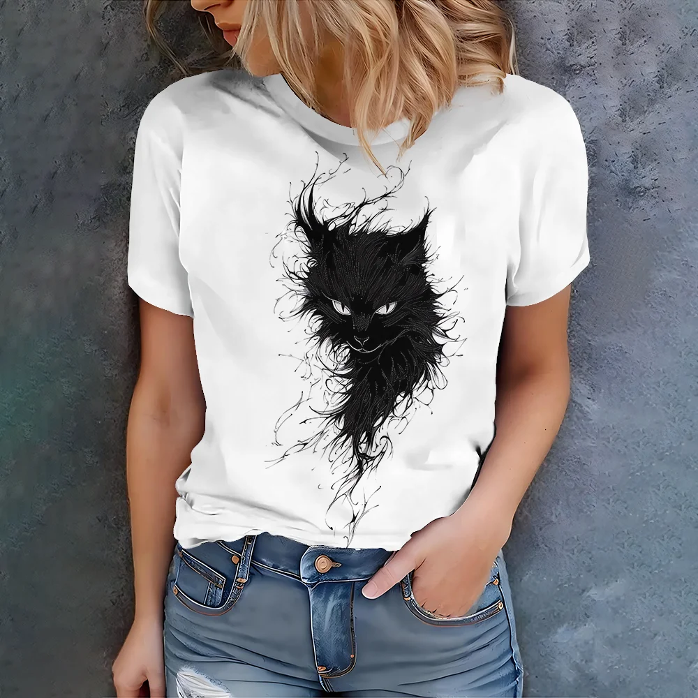 

Women's White Black Cat PrintT-Shirt - Unique Artistic Design Casual Fashion Summer Style Short Sleeve