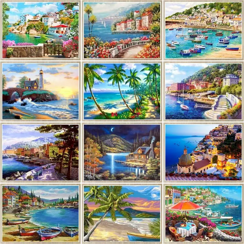 

CHENISTORY Pictures By Number Seaside House Scenery Drawing On Canvas Kits For Adults Handpaint Paint By Number Home Decor