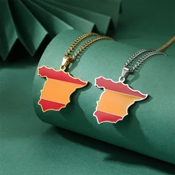 EUEAVAN Spain Map Pendant Necklace Stainless Steel Chain Oil Drip Spanish Flag Necklaces Delicate Fashion Country Ethnic Jewelry