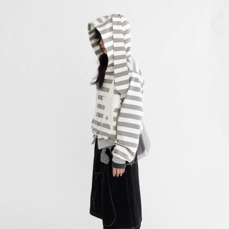 Japanese Original Design Gray White Striped Hooded Women's Sweatshirt Autumn New Patch Star Splicing Zipper Loose Coat Ladies