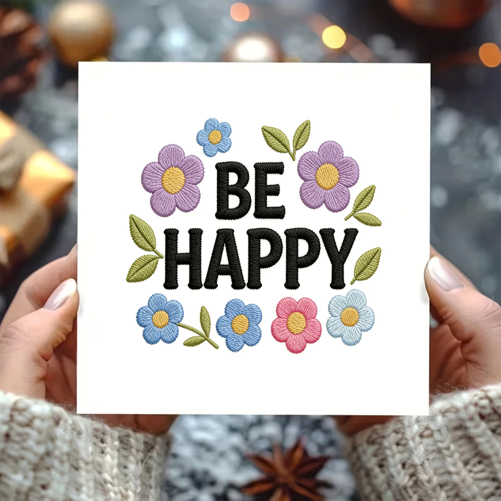 Be Happy bestickte Blumen-Grußkarte mit Umschlag – weißes Quadrat, 2-teiliges Karten- und Umschlag-Set, buntes Blumen-Design, Genera
