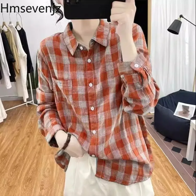 

Hmsevenjz 100% Pure Cotton Shirt Women's Summer Thin Long-sleeved Plaid Loose Collared Shirt Fashion Female Clothes