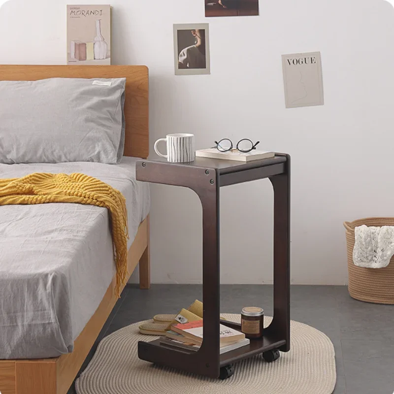 Solid Wood Movable Sofa Side Table Mini Coffee Table Snack Storage Rack Household C-shaped Computer Table Bedside Trolley