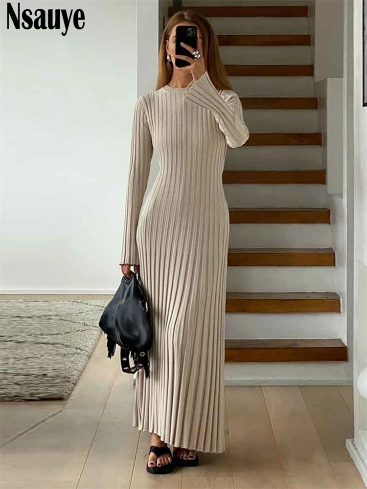 Nsauye Pullover Knitted Casual Fashion Long Sleeve Maxi Sweater Pleated Dress Winter 2024 Women Sexy Party Club Holiday Dresses