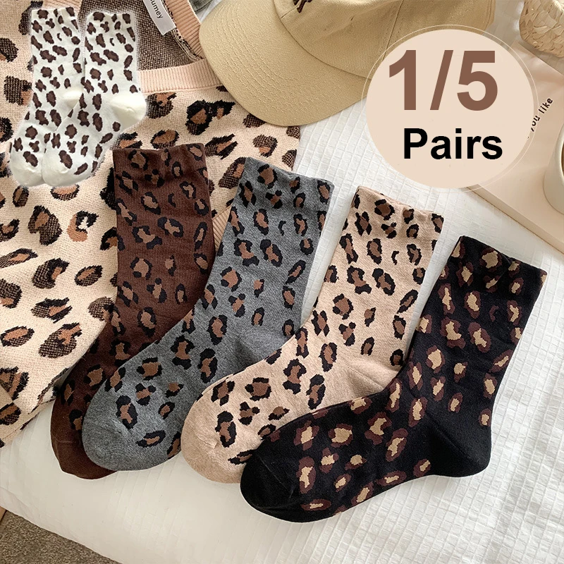 1/5 Pairs Leopard Print Spotted Women Mid Tube Socks Fashionable Comfortable Sweat Absorbing Breathable All Season Casual Socks