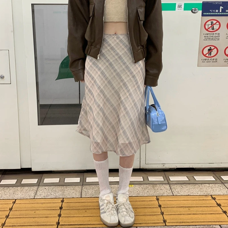 SALIENCY Fishtail Vintage Chiffon Midi Long Skirt Women Low Rise Two Layer Japanese Fashion Harajuku Summer Plaid Skirts