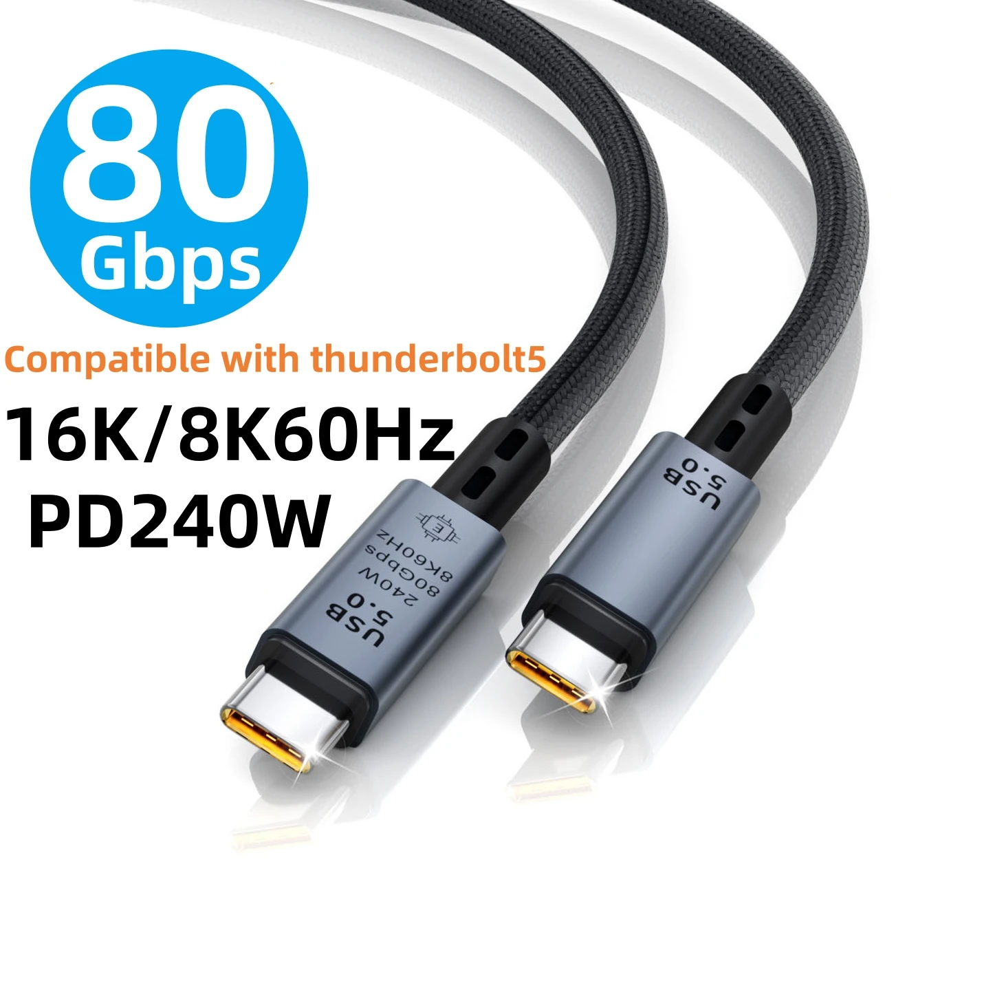 

16K Display 80Gbps USB C to C Data Cable Compatible with Thunderbolt5/4/3 PD3.1 240W Charger Cord for Phone Laptops Docking SSD